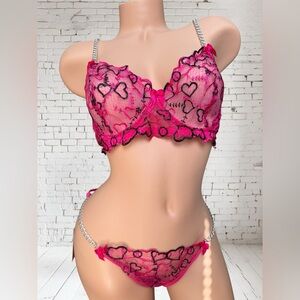 Pink and Black Lace Heart chain Lingerie Set